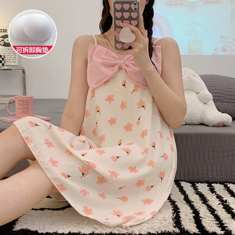 Đầm Ngủ Hai Dây Có Đệm Ngực Tháo Rời Được Bằng Vải Cotton Dệt Phong Cách Công Chúa Ngọt Ngào Dành Cho