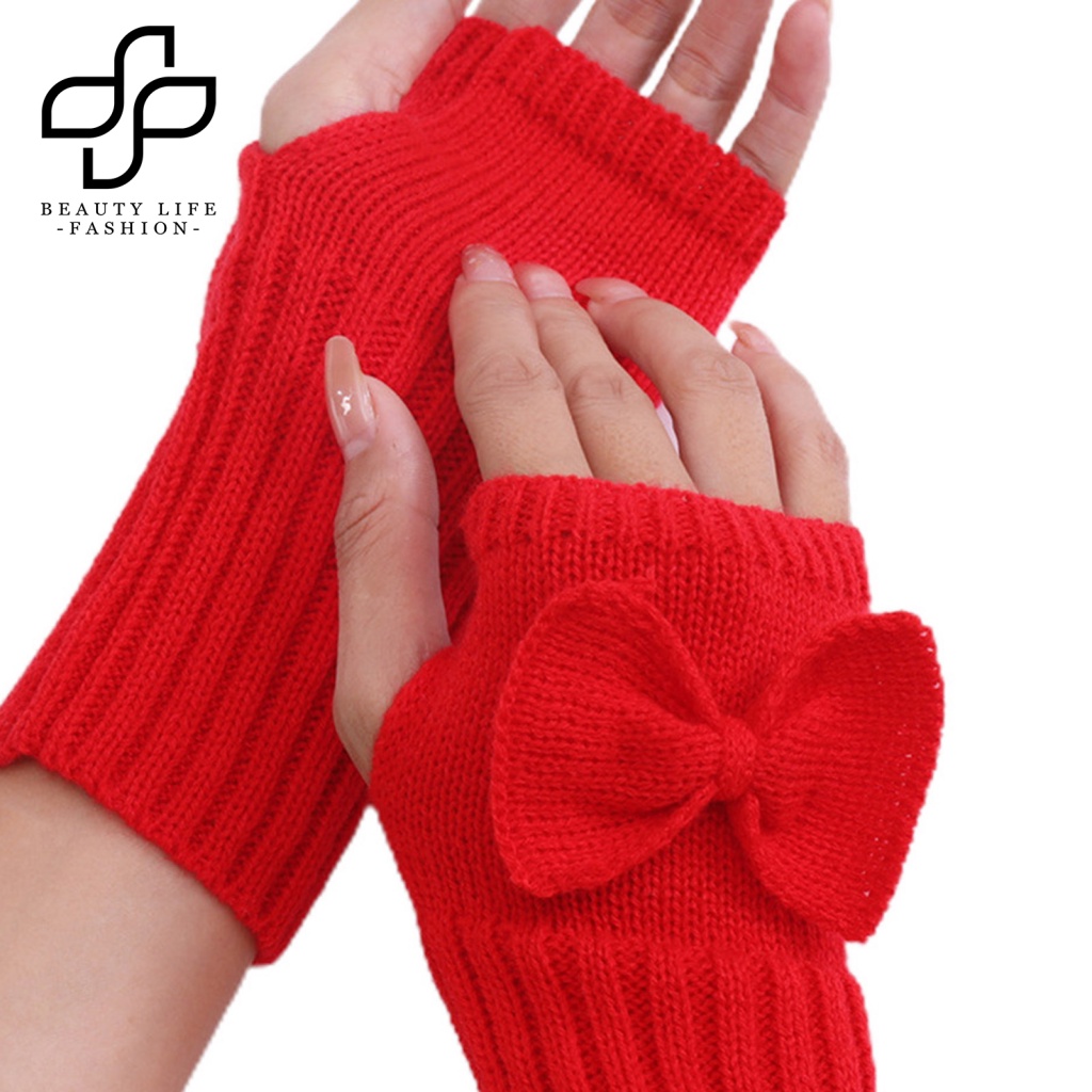 1 Đôi Găng Tay Dệt Kim Hở Ngón Màu Trơn Giữ Ấm Mùa Đông Cho Nữ