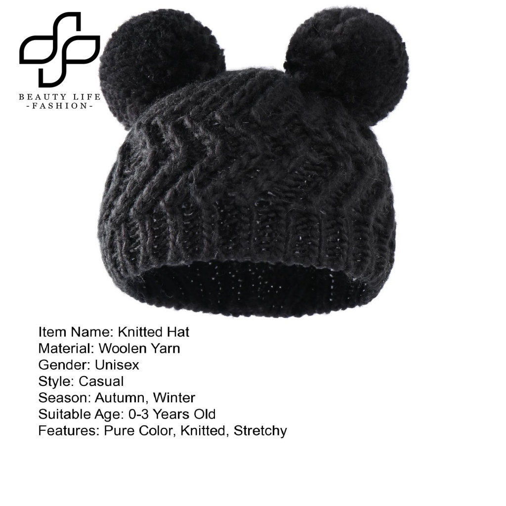 Beautylife Mũ Len Beanie Dệt Kim Dày Dặn Co Giãn Đính Hai Quả Bông Màu Trơn Thời Trang Thu Đông Dành Cho Bé Trai Bé Gái