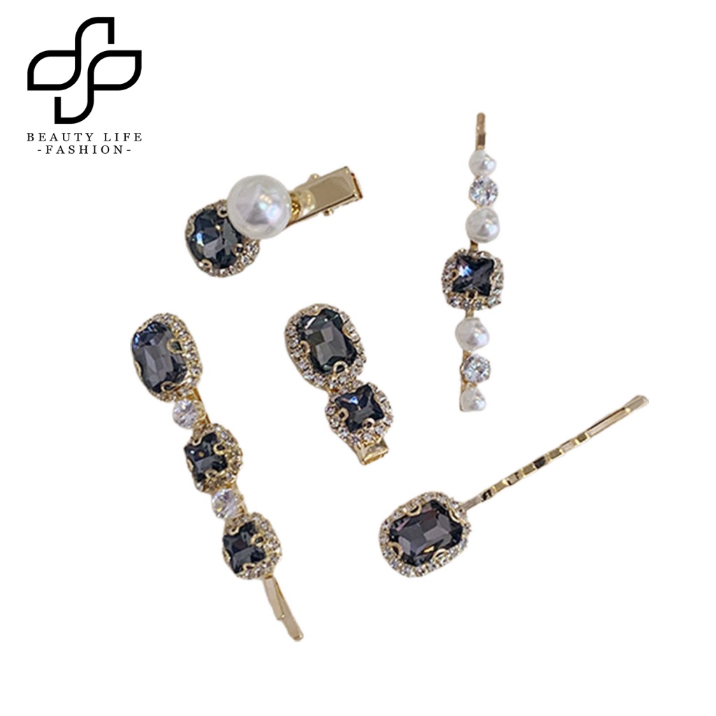 Set 5 Kẹp Tóc Đính Đá / Ngọc Trai Giả Lấp Lánh Thanh Lịch Cho Nữ