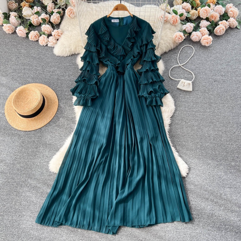 Đầm Dài Dáng Chữ A Tay Phồng Cổ Chữ V Lưng Cao Màu Trơn Thời Trang Cho Nữ