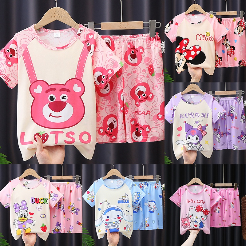 Bộ Đồ Ngủ Gấu Dâu Cho Bé Gái Ngắn Tay Họa Tiết Áo Pijama Kuromi Cinnamoroll Minnie Dễ Thương Dành Cho Bé Gái