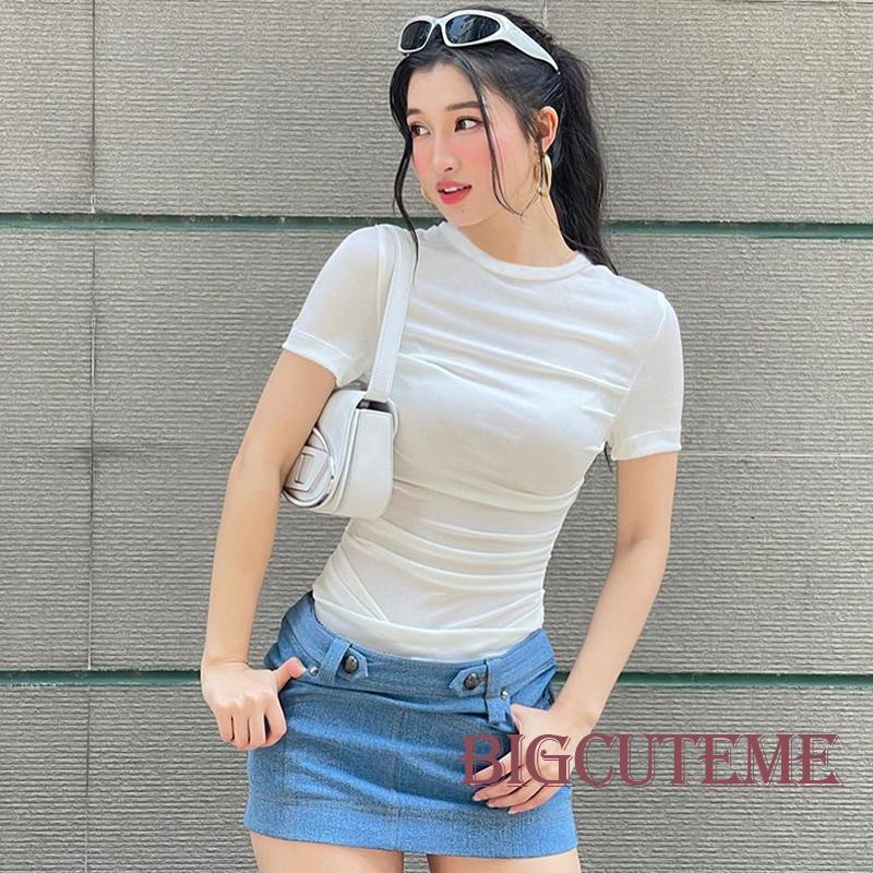 Áo Thun Ngắn Tay Cổ Tròn Xếp Ly Màu Sắc Đơn Giản Thời Trang Mùa Hè Cho Nữ