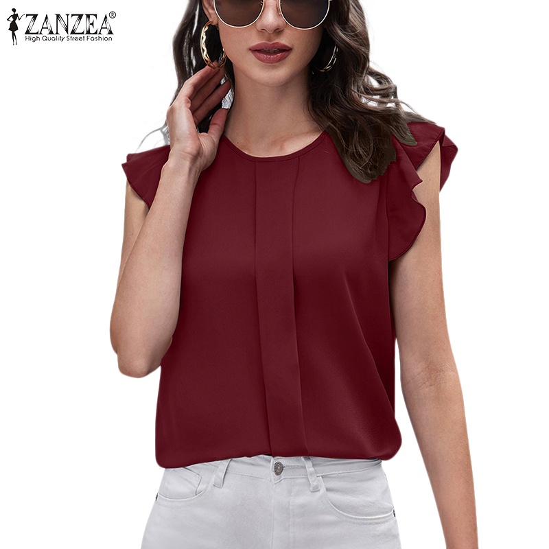 Zanzea Áo Nữ Cộc Tay Nhún Bèo Cổ Tròn Thời Trang