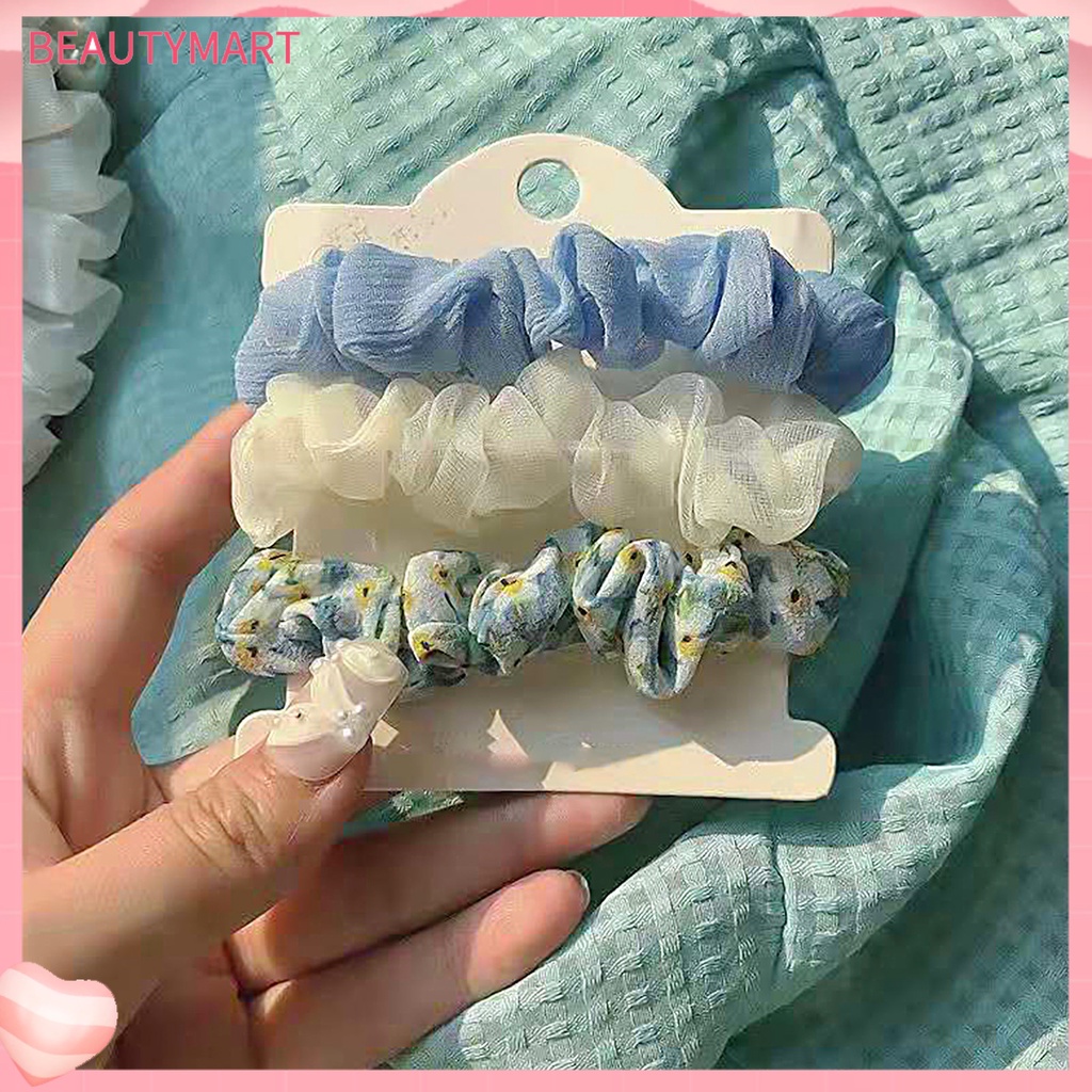 Set 3 Dây Cột Tóc Cao Su Bọc Vải Chiffon Co Giãn In Họa Tiết Hoa Tươi Mới