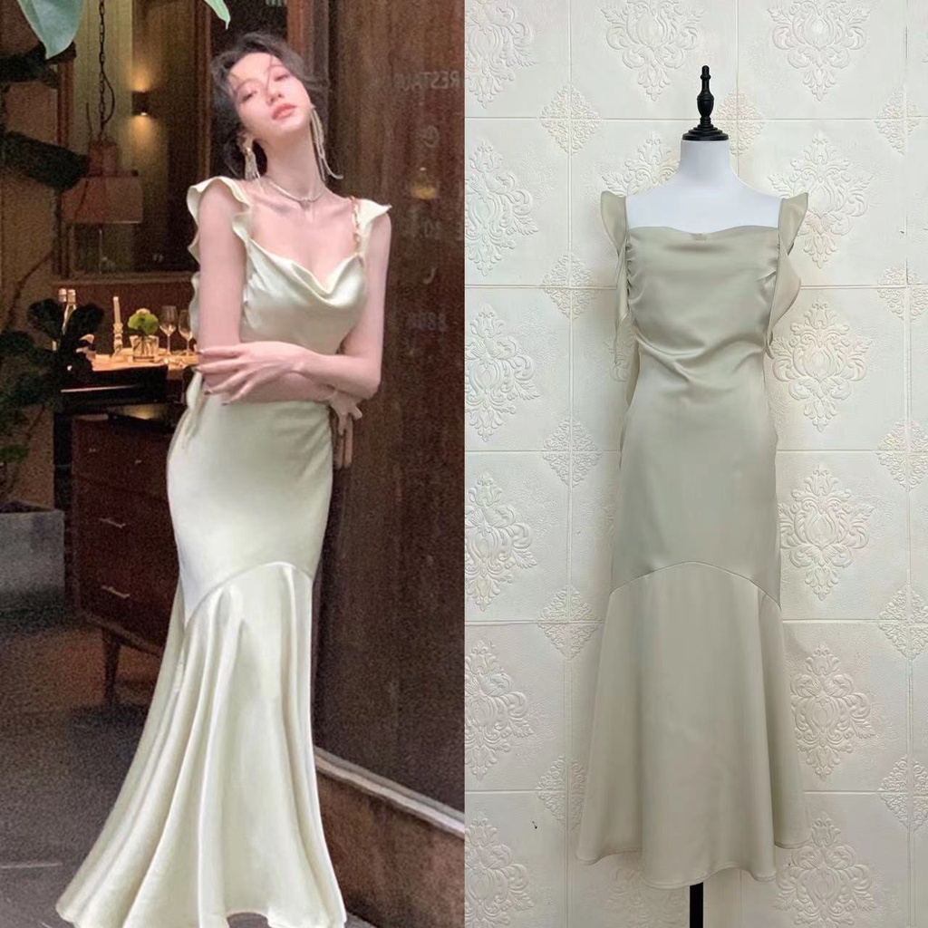 Đầm Đuôi Cá Vải Satin Viền Bèo Thời Trang Mùa Hè Cho Nữ