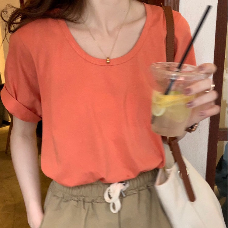 SUXI Áo Thun Ngắn Tay Dáng Rộng Màu Sắc Trơn Thời Trang Mùa Hè Hàn Quốc