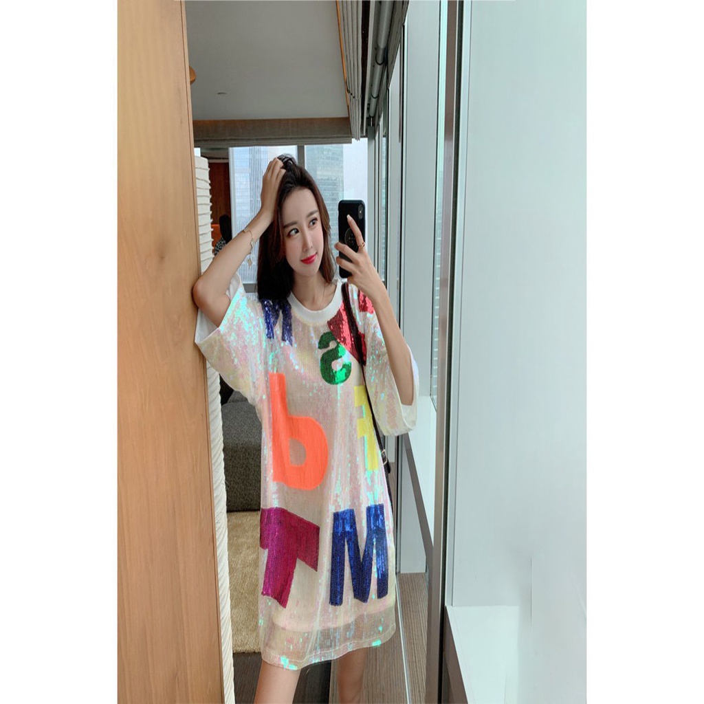 Áo Thun Dáng Rộng Cổ Tròn Màu Sắc Cầu Vồng Thời Trang Mùa Hè Hàn Quốc 2023