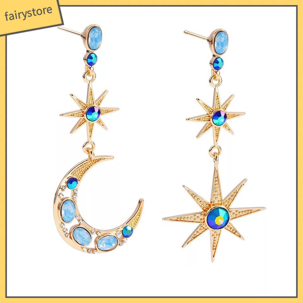 1 Đôi Bông Tai Hình Ngôi Sao / Mặt Trăng Đính Đá Nhân Tạo Thời Trang Dành Cho Nữ