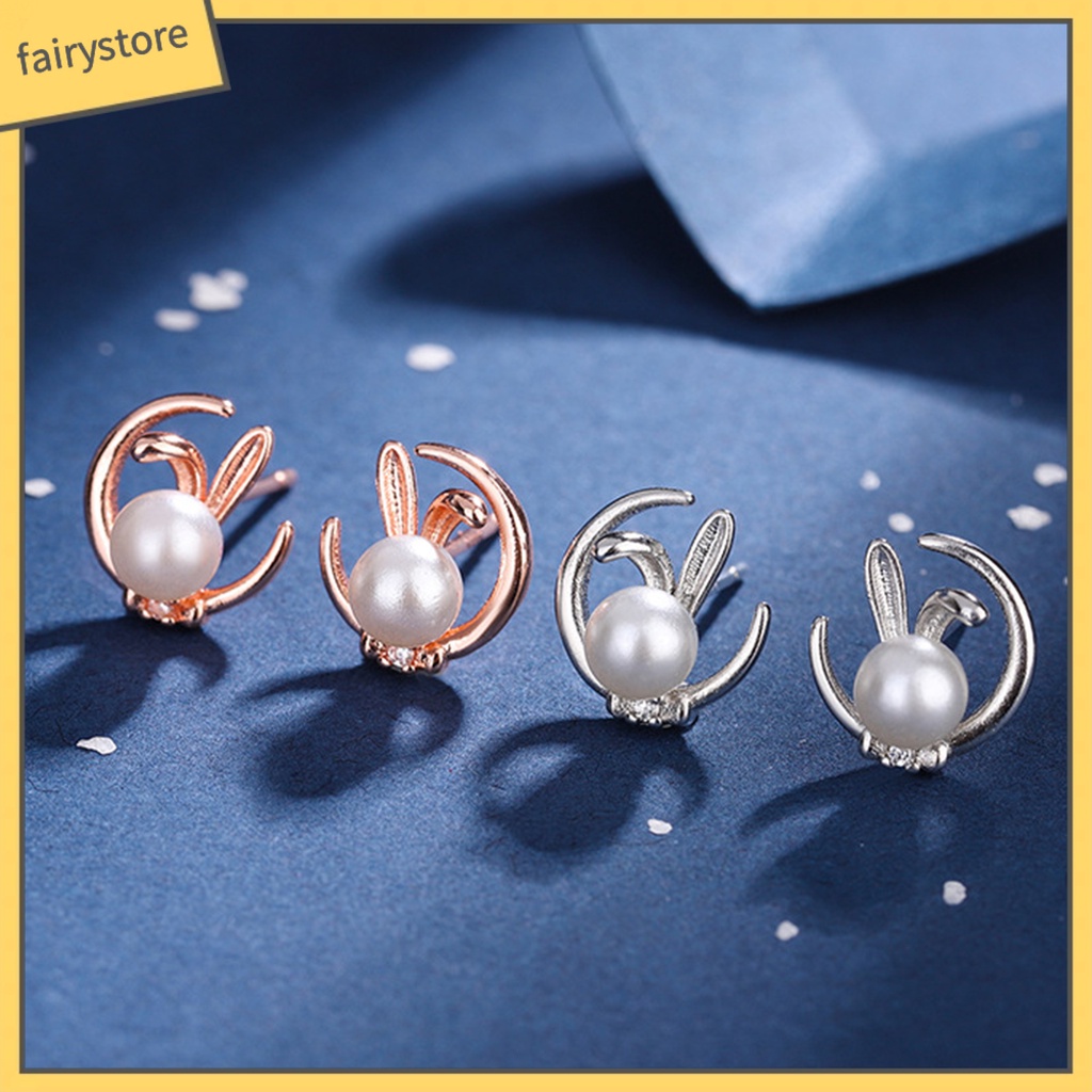 1 Đôi Bông Tai Hình Thỏ Mặt Trăng Mạ Điện Không Phai Sang Trọng Dành Cho Nữ