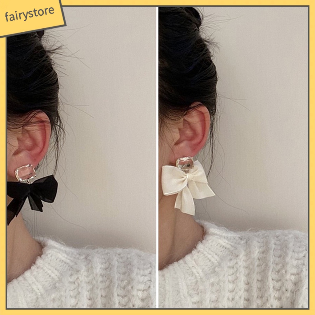 1 Đôi Bông Tai Dài Hình Nơ Bằng Vải Đính Đá Ngọt Ngào Dành Cho Nữ