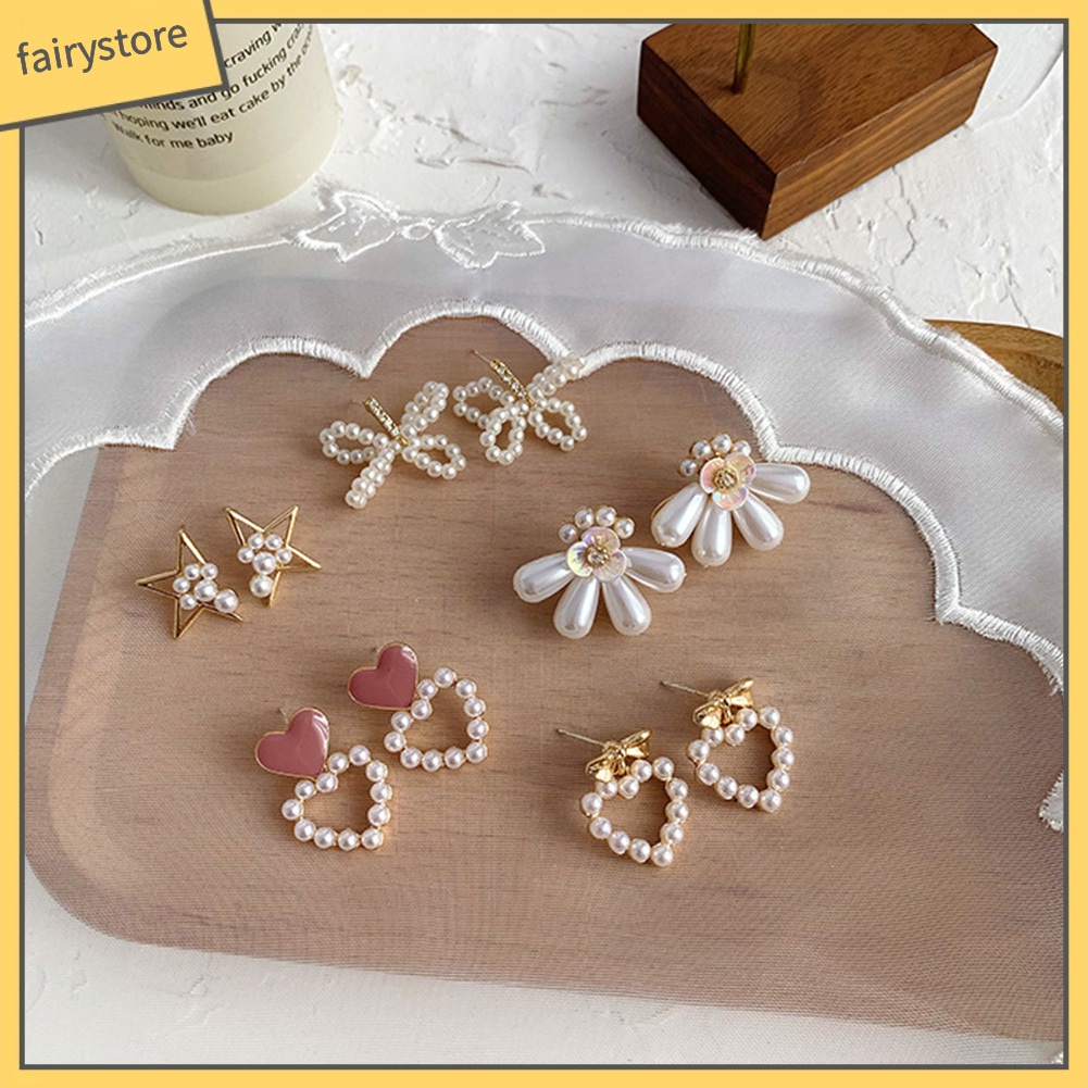 Khuyên Tai Hình Nơ / Bông Hoa / Trái Tim Đính Ngọc Trai Nhân Tạo Thời Trang Dành Cho Nữ