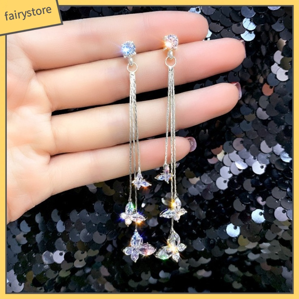 Bông Tai Dài Hình Bướm Đính Pha Lê Thời Trang Dành Cho Nữ