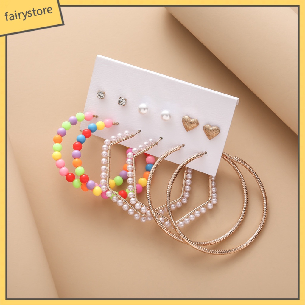 Set 6 Đôi Bông Tai Dạng Vòng Đính Đá Nhiều Màu Sắc Bằng Hợp Kim Cho Nữ