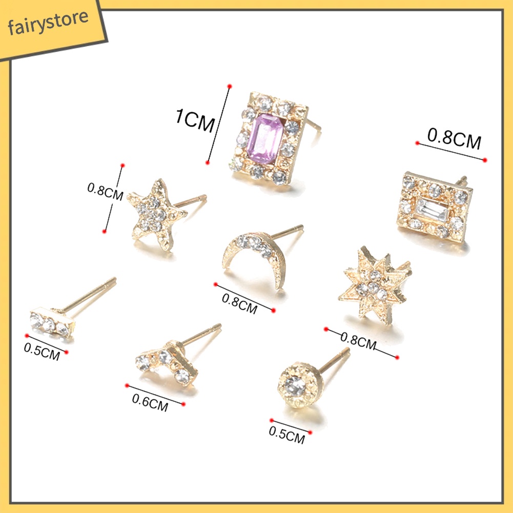 [FRO] Set 7 Cặp Bông Tai Hình Ngôi Sao Mặt Trời Mặt Trăng Chữ V Đính Kim Cương Giả Cho Nữ