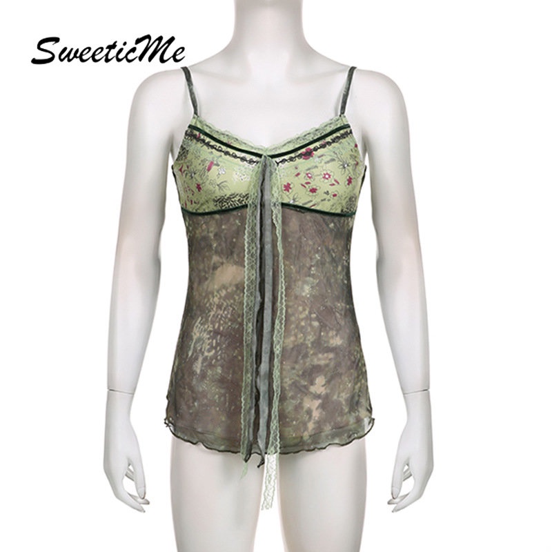 Áo Tank Top Ôm Dáng Phối Ren In Họa Tiết Kiểu Retro Thời Trang 2023 Cho Bạn Gái