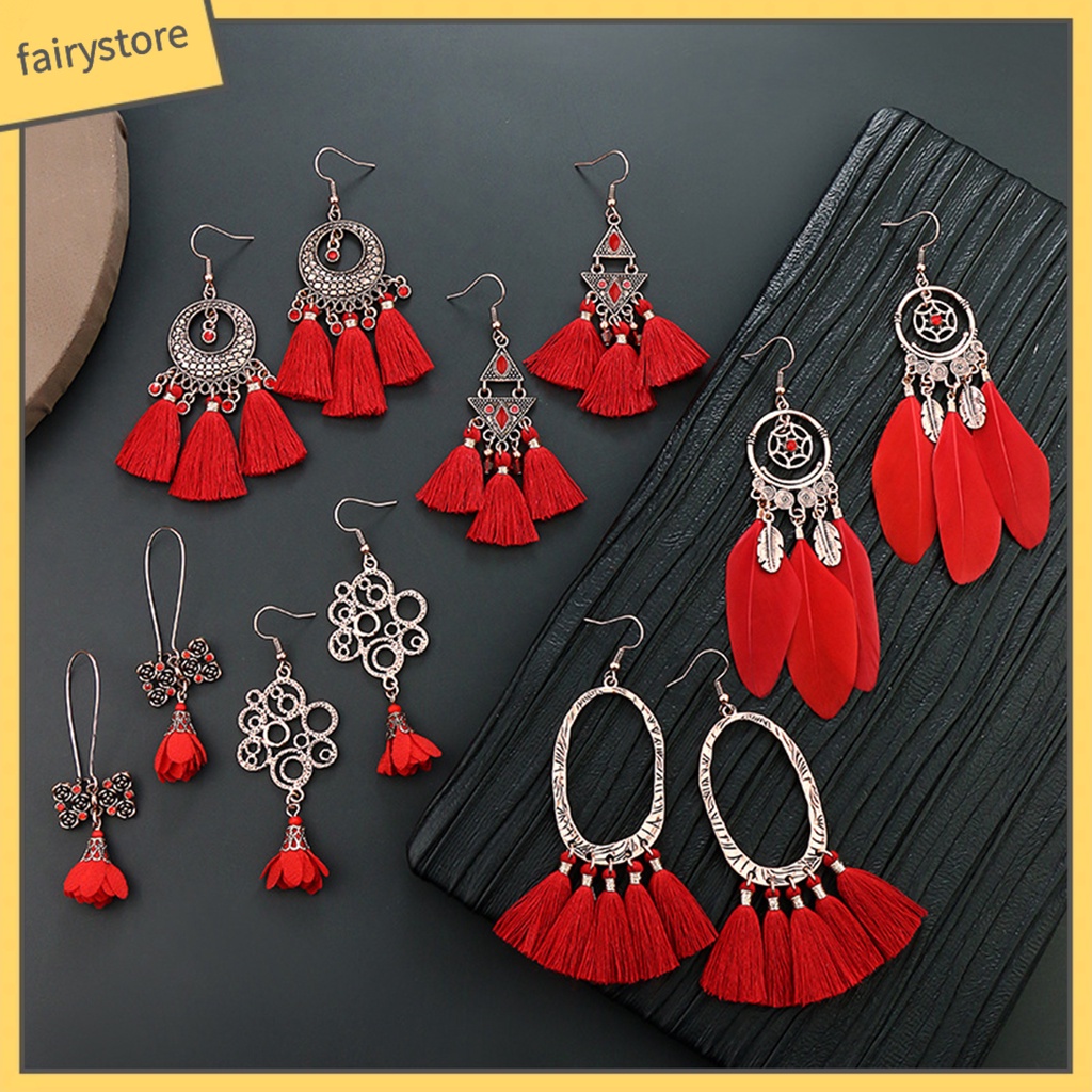 1 Đôi Bông Tai Dáng Dài Phối Tua Rua Màu Đỏ Thời Trang Dự Tiệc Cưới / Lễ Hội Cho Nữ