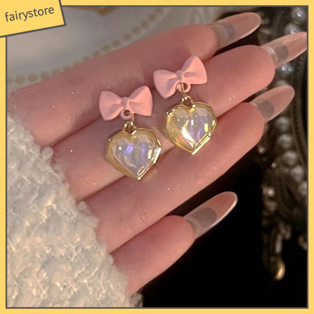 1 Đôi Bông Tai Hình Nơ / Trái Tim Đính Ngọc Trai Nhân Tạo Lấp Lánh Sang Trọng