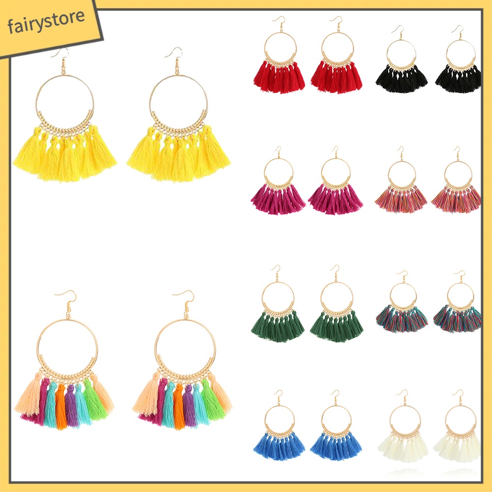 Đôi Khuyên Tai Tròn Phối Tua Rua Phong Cách Vintage Thời Trang Cho Nữ