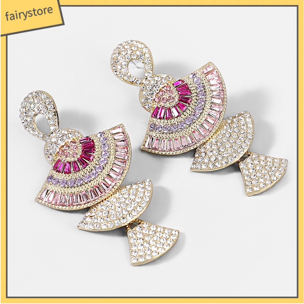 1 Đôi Bông Tai Hình Quạt Đính Đá Nhiều Màu Sắc Lấp Lánh Dành Cho Nữ