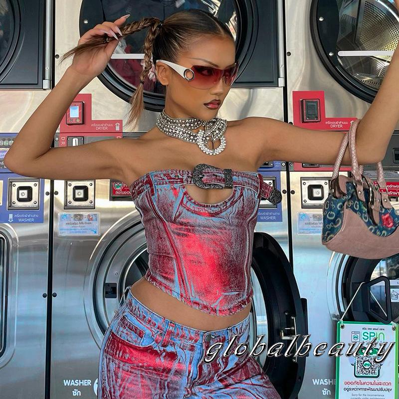 Áo Ống Mùa Hè Không Dây Hở Lưng Có Khóa Cài Màu Sắc Tương Phản Cho Nữ