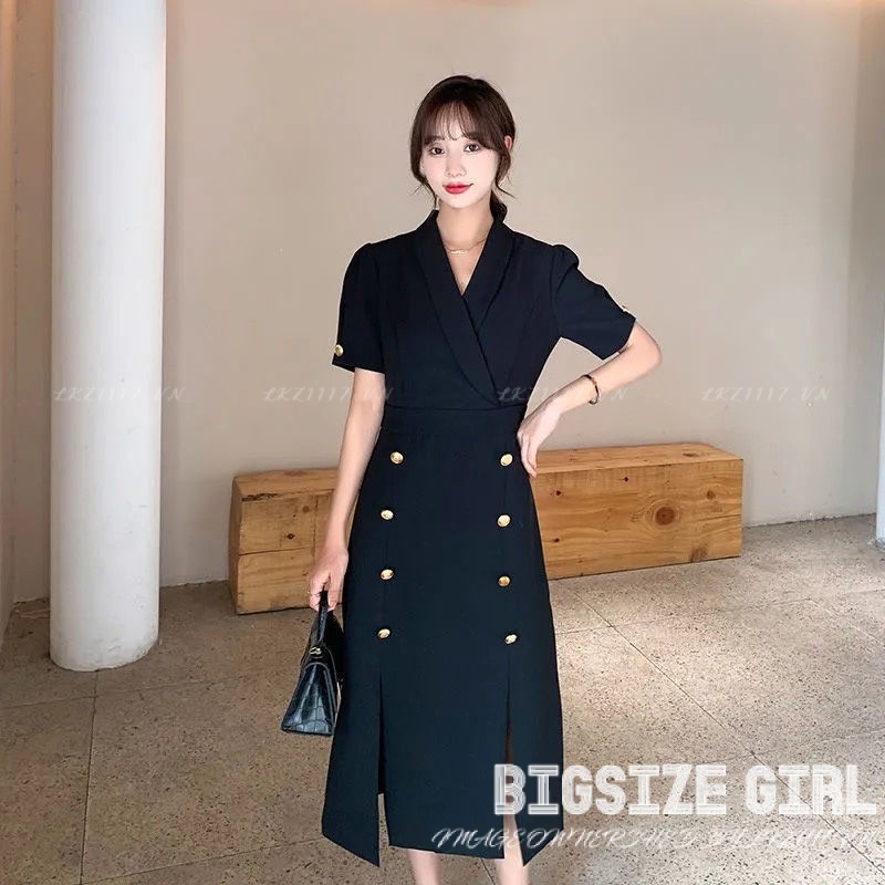 Đầm Vest Blazers dáng dài Bigsize Váy nữ tay ngắn cổ vest che bụng mỡ ôm eo xẻ tà mùa hè Phong cách Hàn Quốc Thời Trang tiểu thư cá tính xinh đẹp cho người mập béo