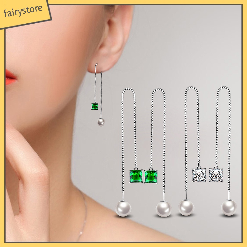 [FRO] Bông Tai Dây Xích Dài Mảnh Mạ Bạc Cho Nữ