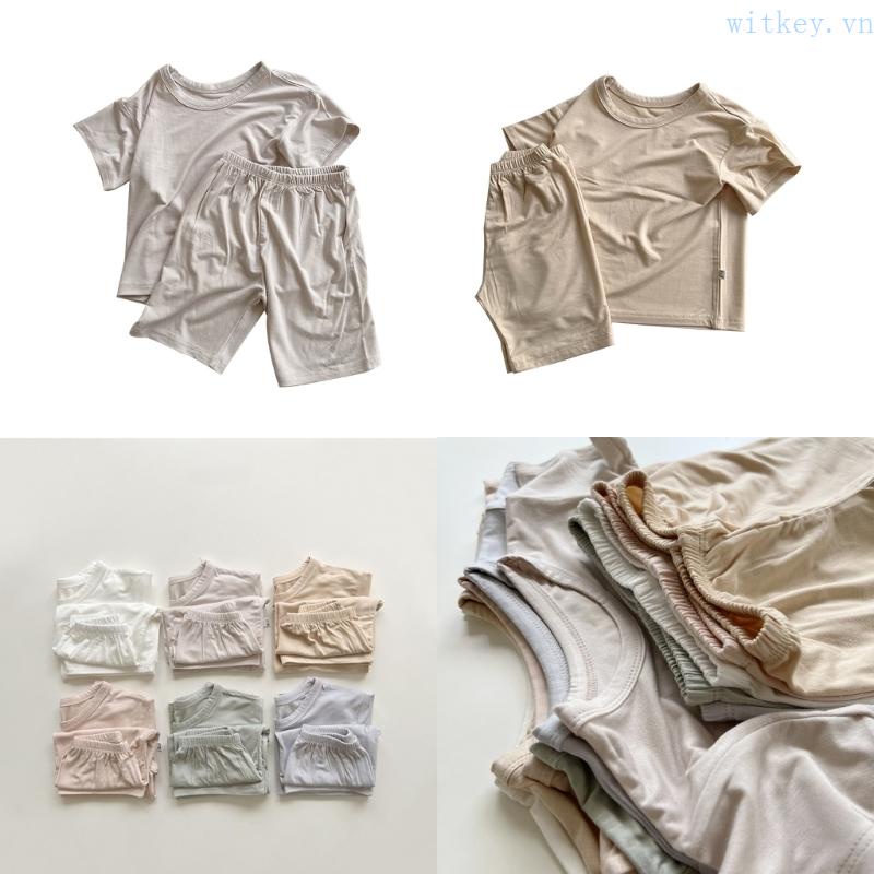 Set Đồ Mùa Hè 2 Món Gồm Áo Thun Cổ Thuyền + Quần Ngắn Màu Trơn Cho Bé 1-5 Tuổi