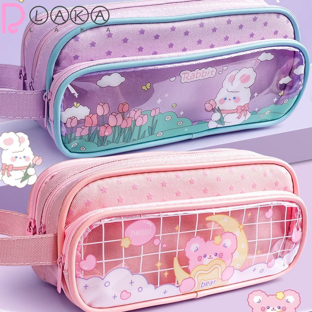 LAKAMIER Túi Đựng Bút Chì / Mỹ Phẩm Ba Ngăn Trong Suốt Hình Vuông Phối Khóa Kéo Họa Tiết Hoạt