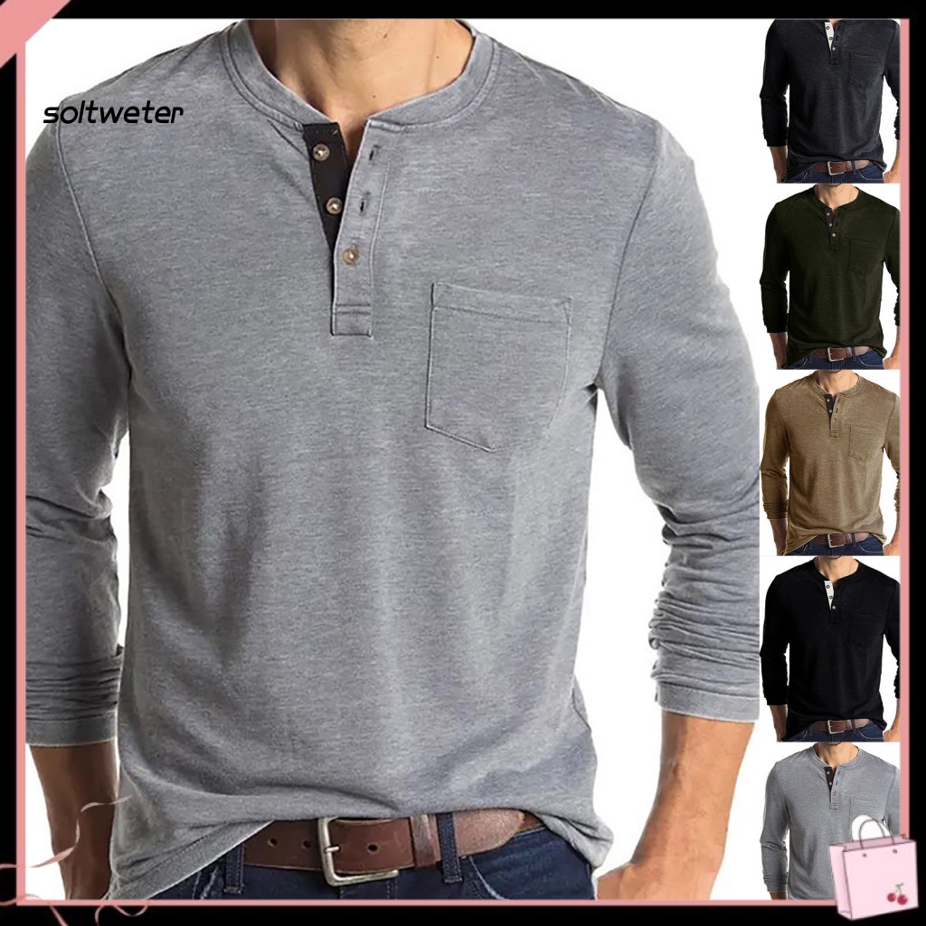 Áo Sơ Mi Tay Dài Cổ Tròn Màu Trơn Có Túi Thời Trang Thu Đông Cho Nam