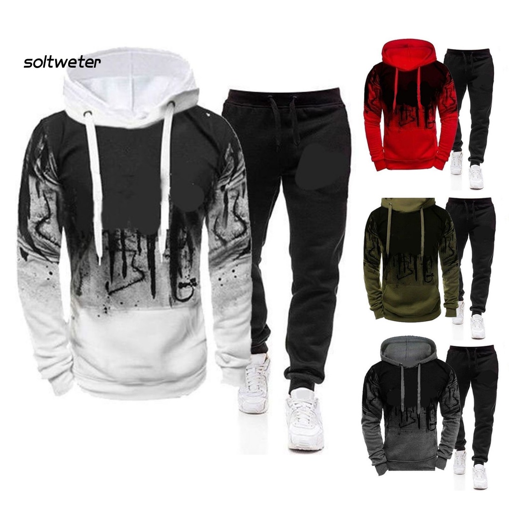 Bộ Đồ 2 Món Gồm Áo Hoodie Tay Dài Và Quần Dài Dây Rút Thấm Hút Mồ Hôi In Họa Tiết Vết Mực Thời Trang Cho Nam