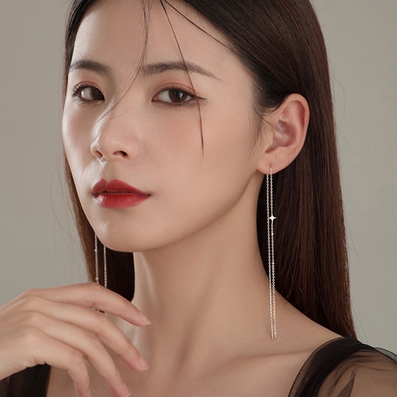 Hoa Tai Dáng Dài Mạ Bạc Phối Tua Rua Thời Trang Cao Cấp