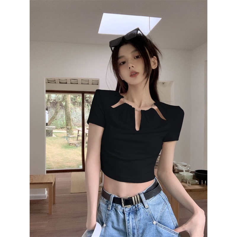 Áo Thun Lửng Tay Ngắn Phối Dây Xích Phong Cách Hàn Quốc Thời Trang Mùa Hè Cho Nữ