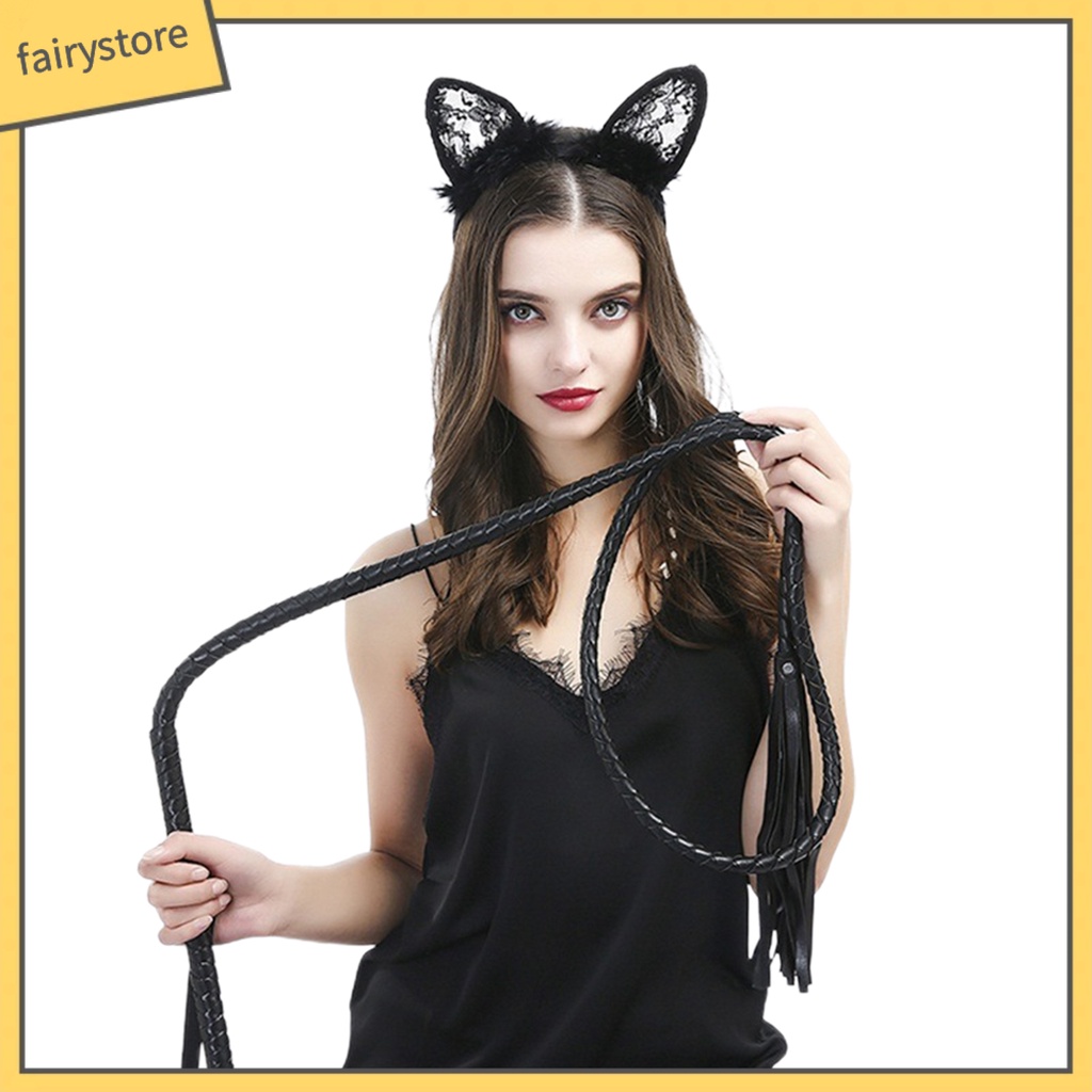 Băng Đô Cài Tóc Hình Tai Mèo Đen Phối Ren Đính Lông Vũ Chống Trượt Trang Trí Tóc