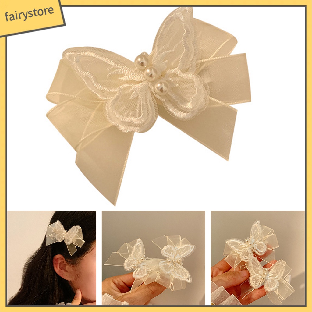 1 Cặp Kẹp Tóc Ba Lớp Hình Bướm Đính Ngọc Trai Giả Gọn Nhẹ Chống Trượt