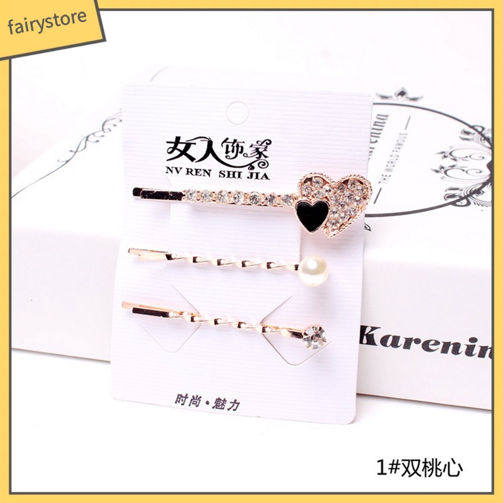 Bộ 3 Kẹp Tóc Đính Đá Họa Tiết Trái Tim / Hình Vuông Thời Trang