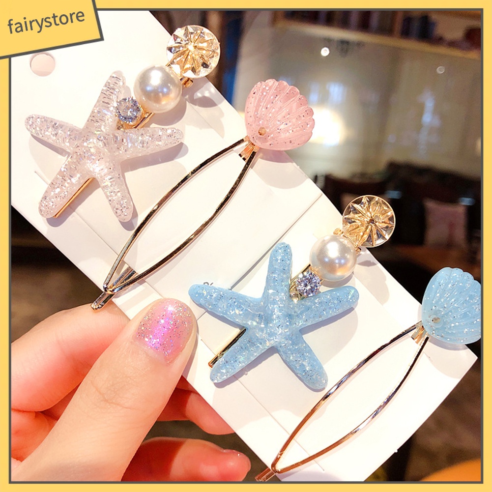 Set 2 Kẹp Tóc Hình Vỏ Sò / Sao Biển Đính Ngọc Trai Giả Thời Trang Cho Nữ