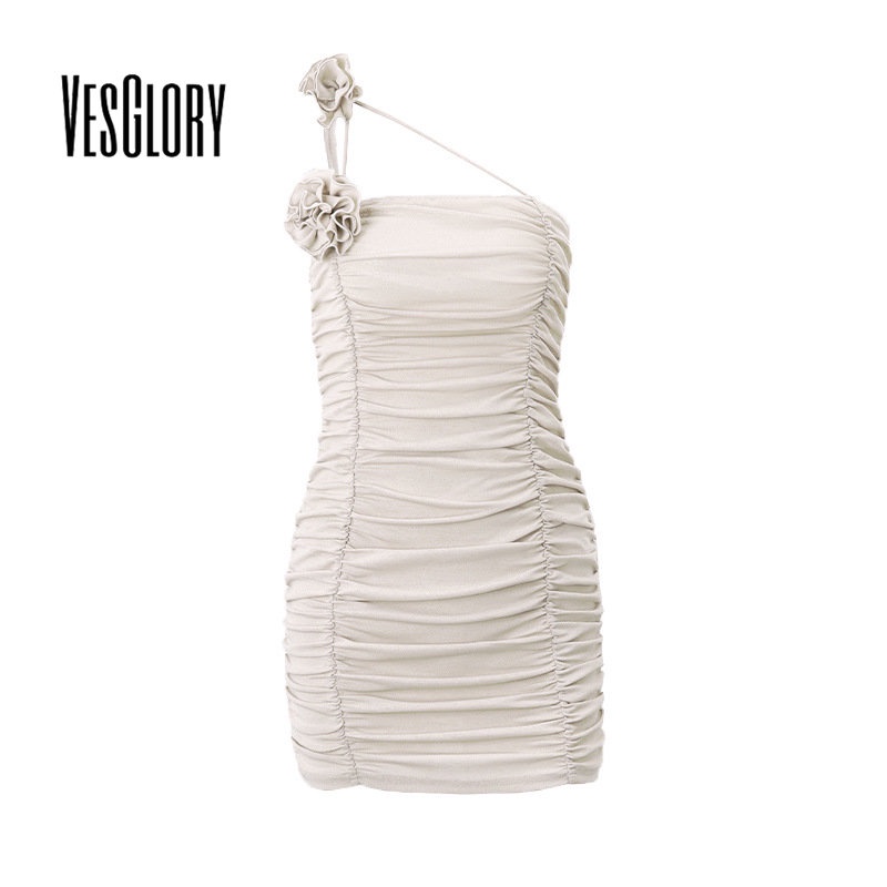 Đầm mini VESGLORY ôm dáng hở vai màu trơn họa tiết hoa ba chiều thời trang gợi cảm 2023 cho nữ