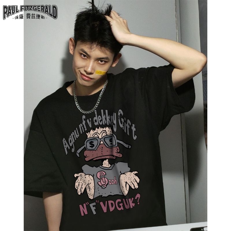 Áo Thun cotton Tay Ngắn Cổ Tròn In Họa Tiết Hoạt Hình Vui Nhộn Phong Cách hip hop Đường Phố Cho Nam