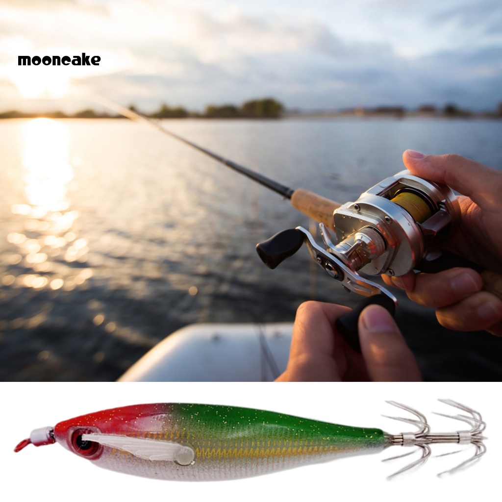 < Mooncake > Mồi Tôm Giả Câu Cá Bằng Gỗ Phát Quang Có Móc Hình Con Mực