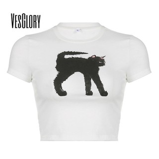 Áo thun nữ VesGlory thoái mái in hình cổ tròn slim fit áo crop top ngắn tay
