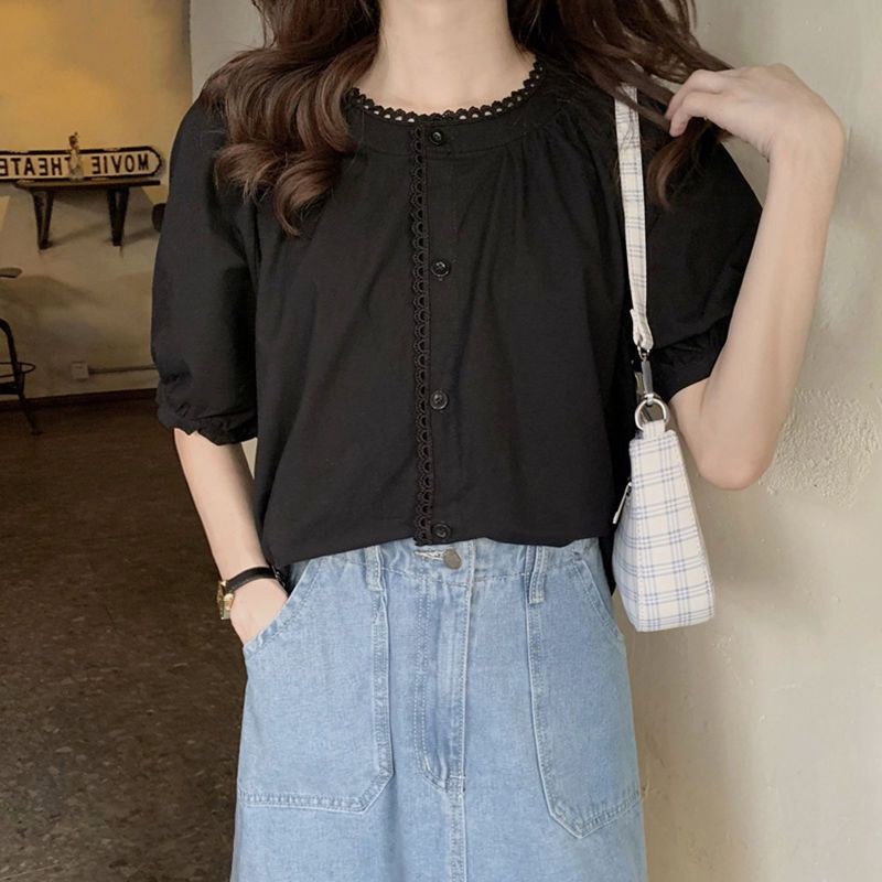 Áo Kiểu Mùa Hè Pháp Tay Cộc Cổ Tròn Dáng Rộng Thiết Kế Ngọt Ngào Dễ Phối Đồ Mẫu Mới 202