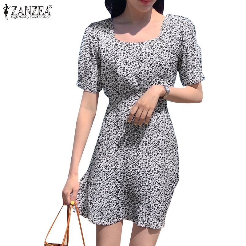 ZANZEA Đầm Tay Ngắn Phồng Cổ Vuông In Họa Tiết Hoa Phong Cách Hàn Quốc Thời Trang Cho Nữ