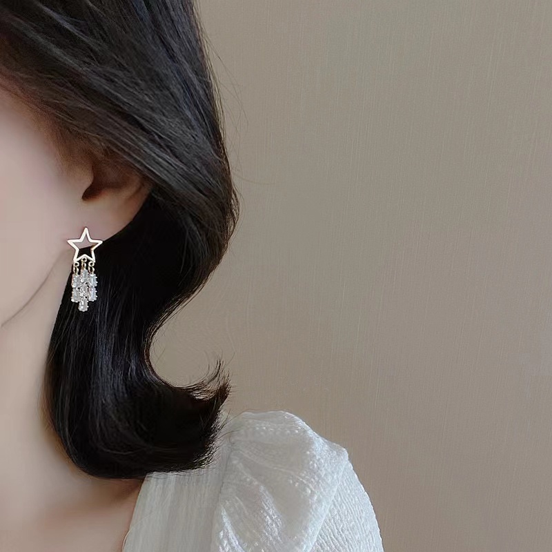 Khuyên Tai Tua Rua Đính Đá zircon Ngôi Sao Năm Cánh Sang Trọng Cá Tính