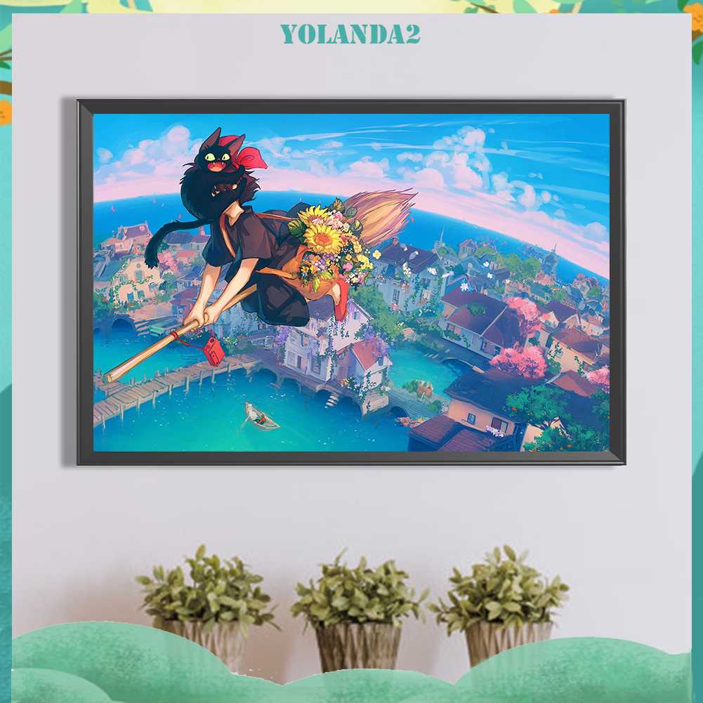 Tranh Đính Đá Kim Cương Toàn Bộ 5D DIY Hình Vẽ Cô Gái Và Mèo Trang Trí Nhà Cửa