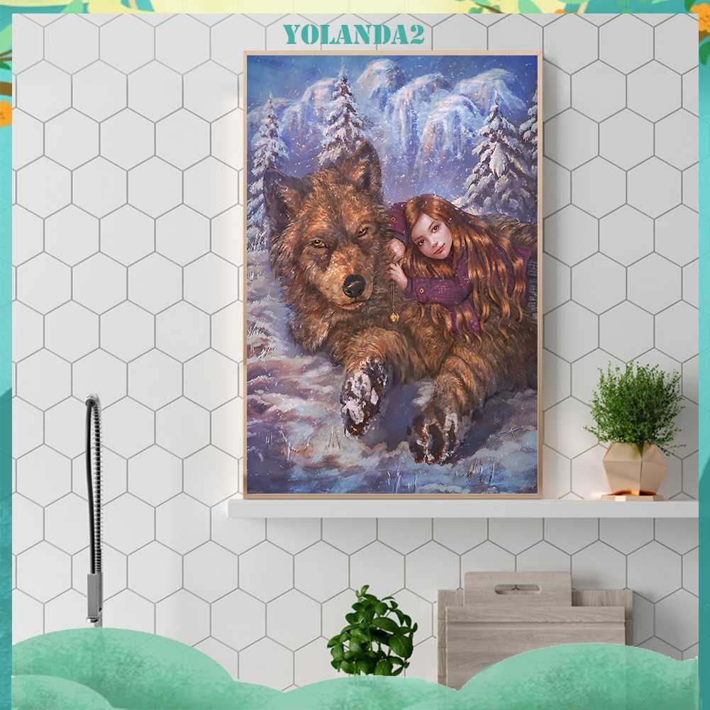Tranh Đính Đá Kim Cương Toàn Bộ 5D DIY Hình Vẽ Cô Gái Và Sói Trang Trí Nhà Cửa