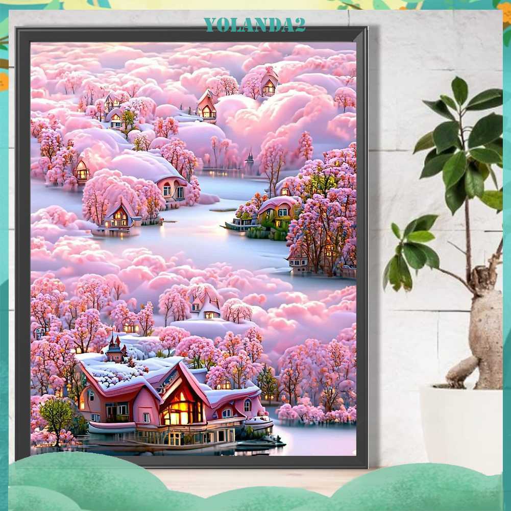 Tranh Đính Đá Kim Cương Toàn Bộ 5D DIY Hình Vẽ Biệt Thự Núi Và Hoa