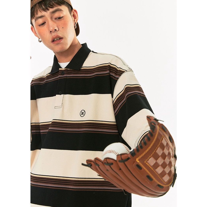 Áo Thun polo Ngắn Tay Form Rộng Họa Tiết Kẻ Sọc Màu Sắc Tương Phản Phong Cách Hong Kong Cho Nam