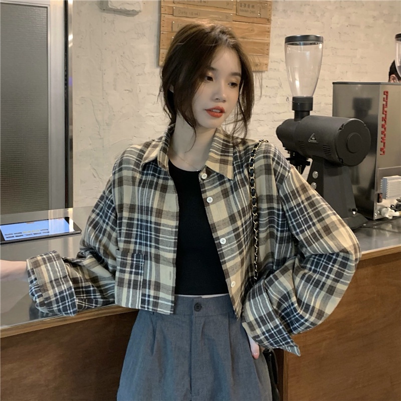 IELGY Áo Sơ Mi Tay Dài Họa Tiết Kẻ Ô Thời Trang Dành Cho Nữ