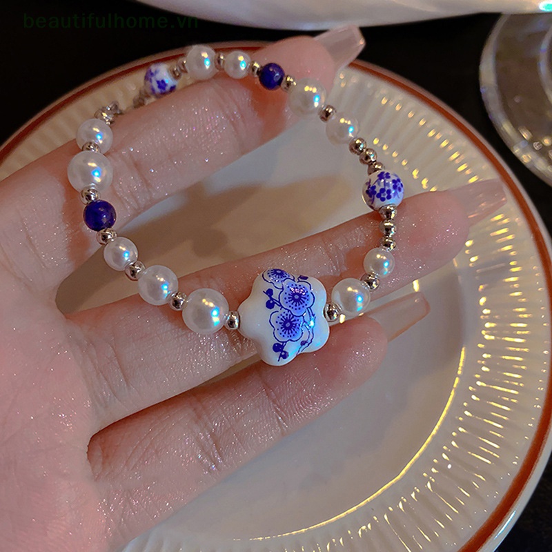 [beautifulhome] Vòng Tay Hoa Sứ Trắng Xanh Trung Quốc Thời Trang Phụ Kiện Trang Sức [beauty]
